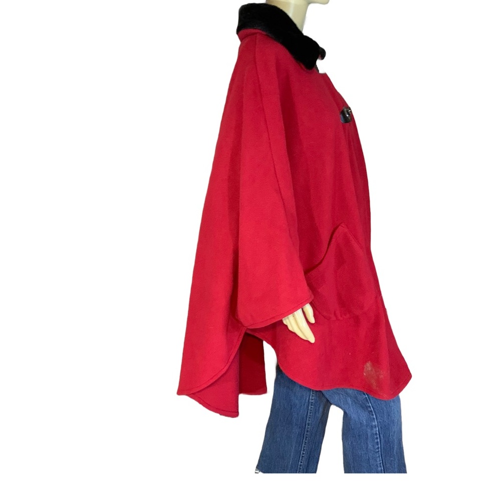LE MODA RED FLEECE W/BLACK FAUX FUR COLLAR PONCHO (OSFM) - Picture 7 of 13